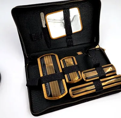 Vtg Men's Leather Travel Grooming Kit Black Cowhide Gold Brass Canisters Mirror