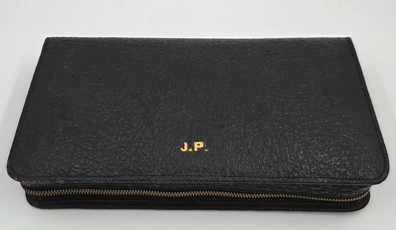 Vtg Men's Leather Travel Grooming Kit Black Cowhide Gold Brass Canisters Mirror — side view