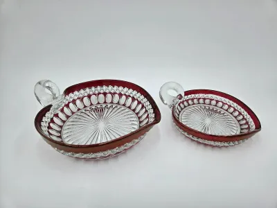 Vintage Ruby Flash Red Cut Glass Nut Candy Dishes Set of 2 Handled Serving Bowls