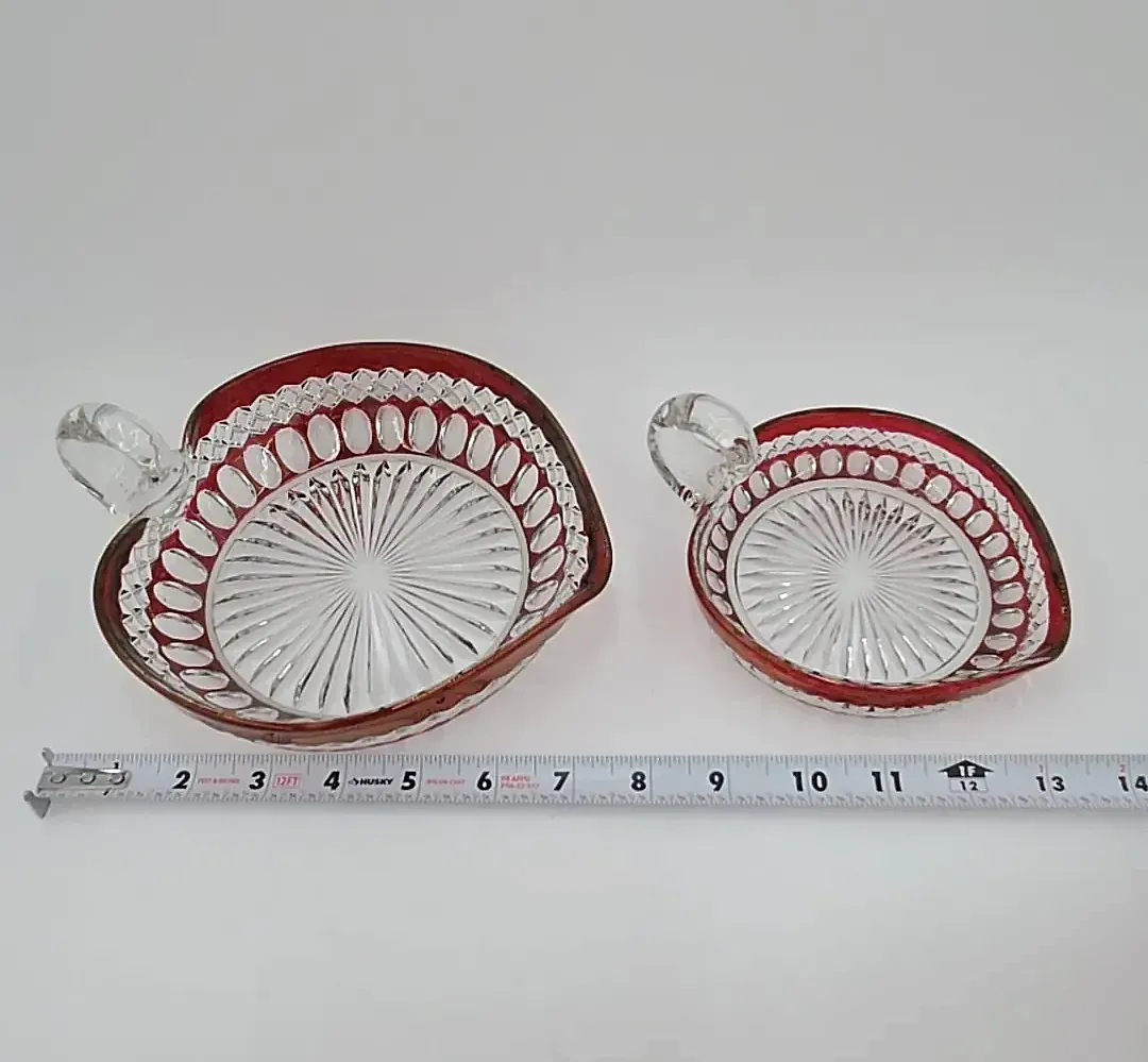 Vintage Ruby Flash Red Cut Glass Nut Candy Dishes Set of 2 Handled Serving Bowls