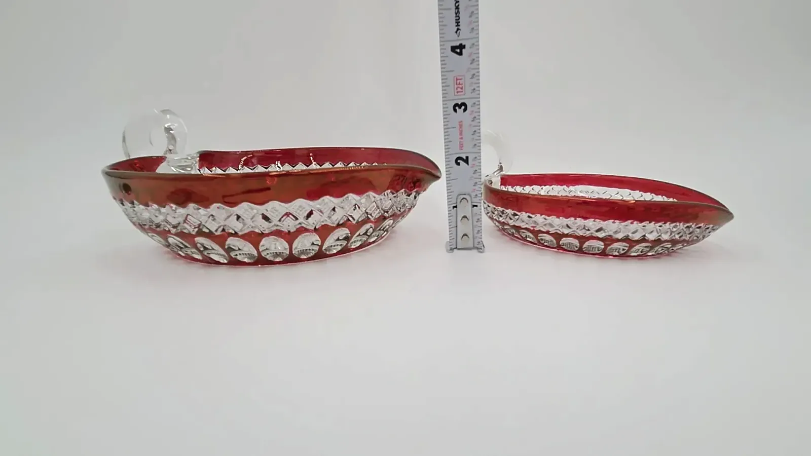 Vintage Ruby Flash Red Cut Glass Nut Candy Dishes Set of 2 Handled Serving Bowls