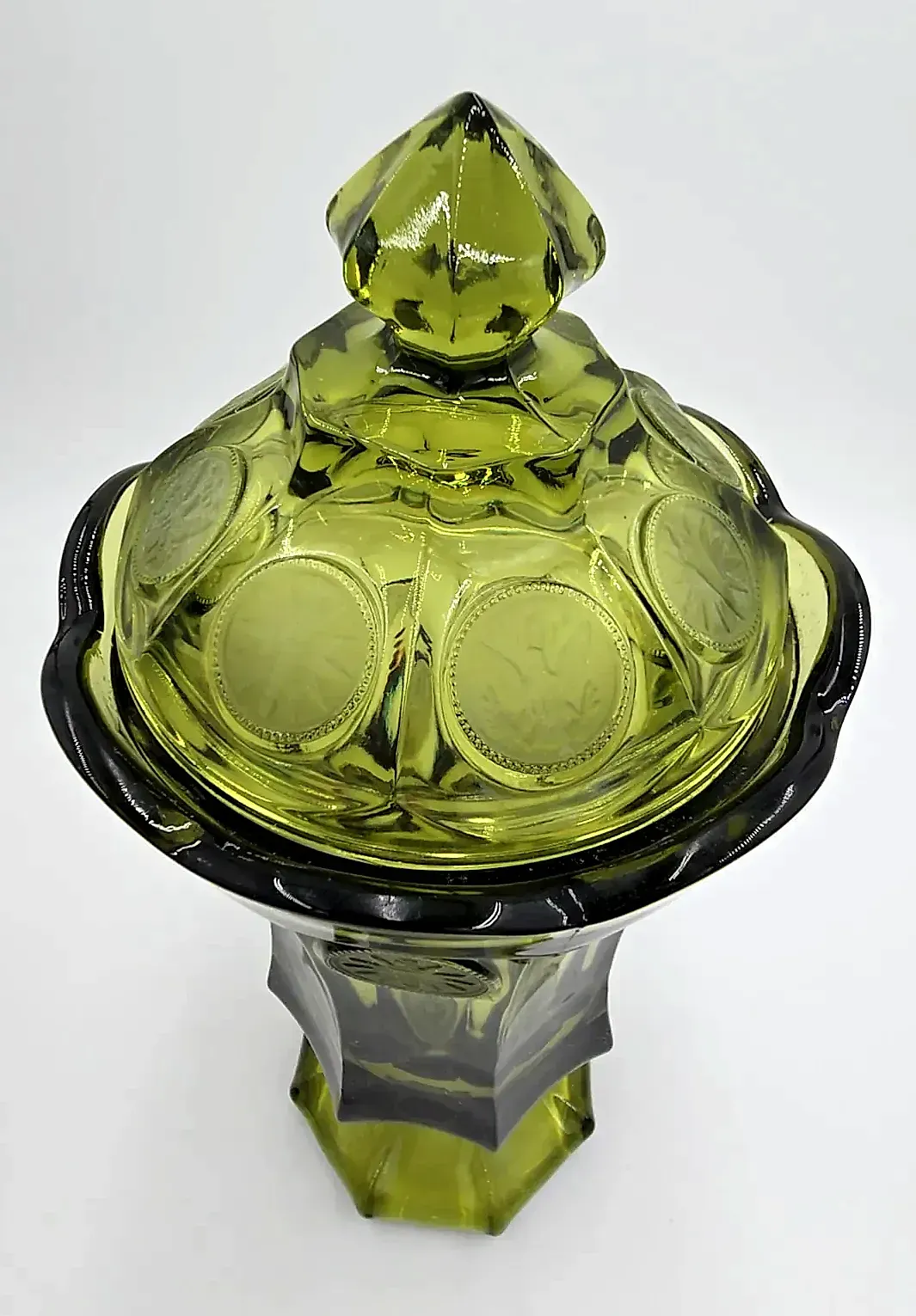 Vintage Fostoria Coin Glass Olive Green Large Covered Candy Jar Wedding Urn — underside
