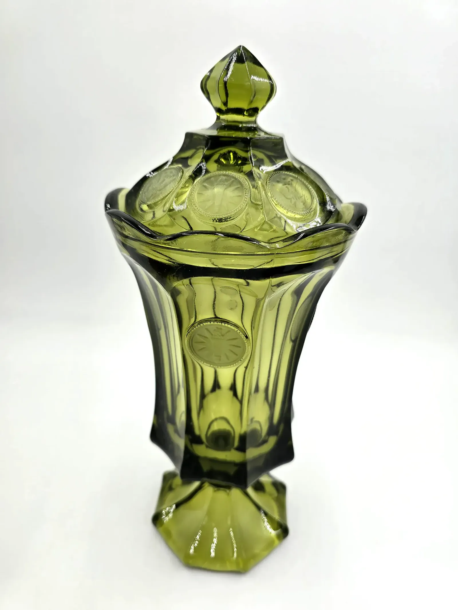 Vintage Fostoria Coin Glass Olive Green Large Covered Candy Jar Wedding Urn — side view