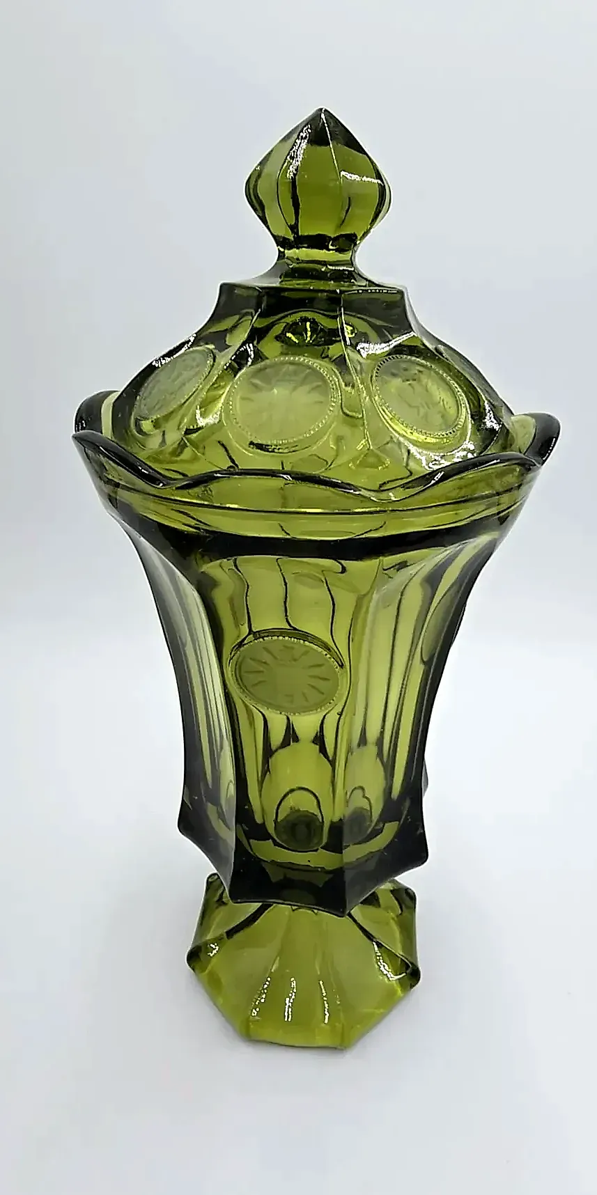 Vintage Fostoria Coin Glass Olive Green Large Covered Candy Jar Wedding Urn