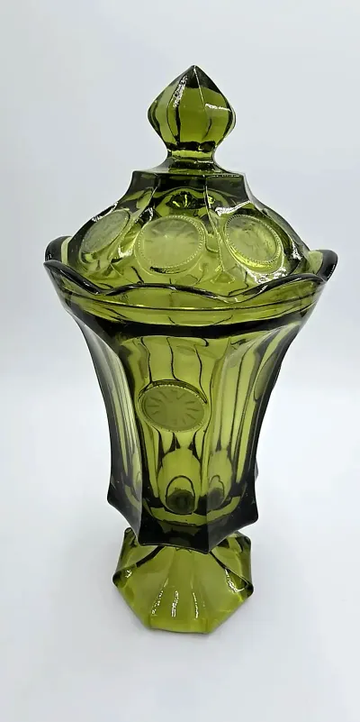 Vintage Fostoria Coin Glass Olive Green Large Covered Candy Jar Wedding Urn