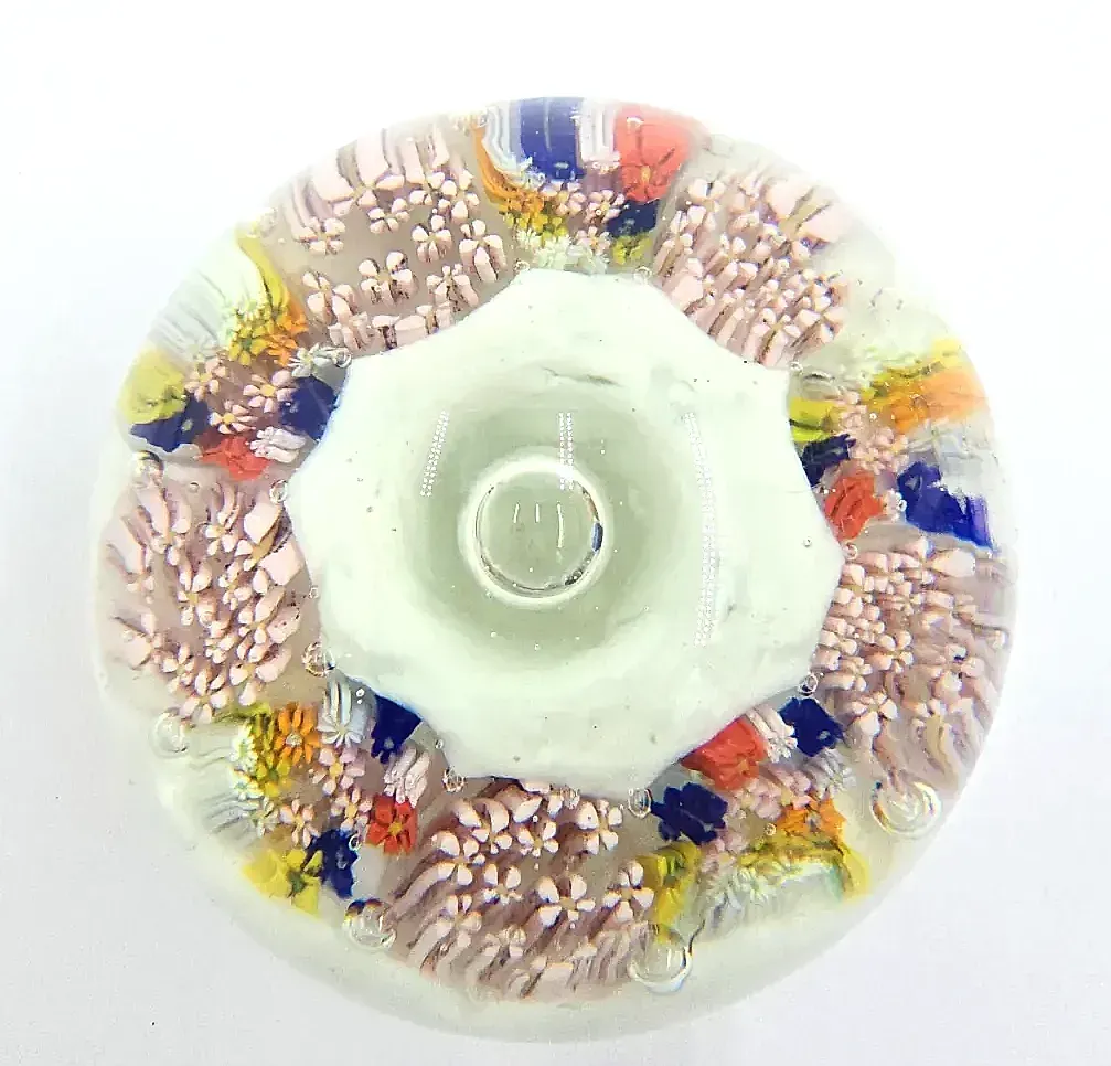VTG Millefiori Concentric Art Glass Paperweight White Torsade Starburst — maker's mark