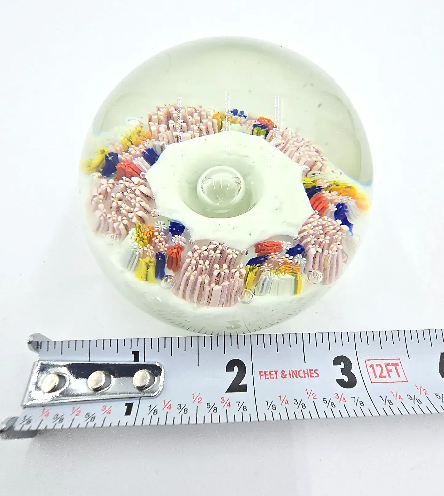 VTG Millefiori Concentric Art Glass Paperweight White Torsade Starburst — underside