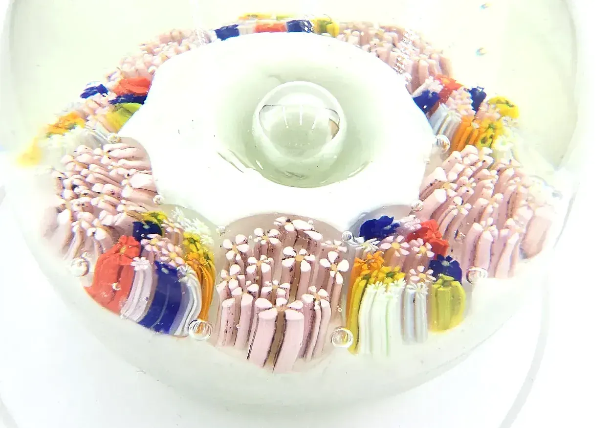 VTG Millefiori Concentric Art Glass Paperweight White Torsade Starburst — side view