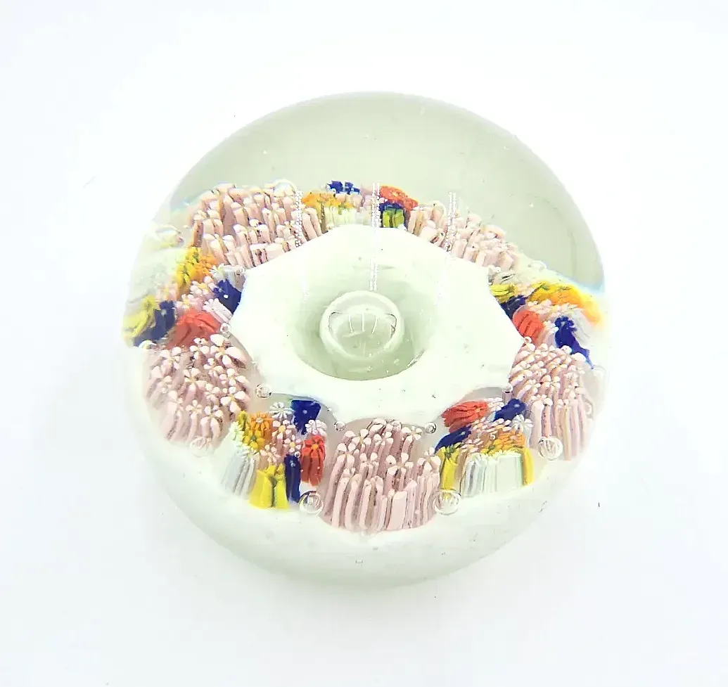 VTG Millefiori Concentric Art Glass Paperweight White Torsade Starburst