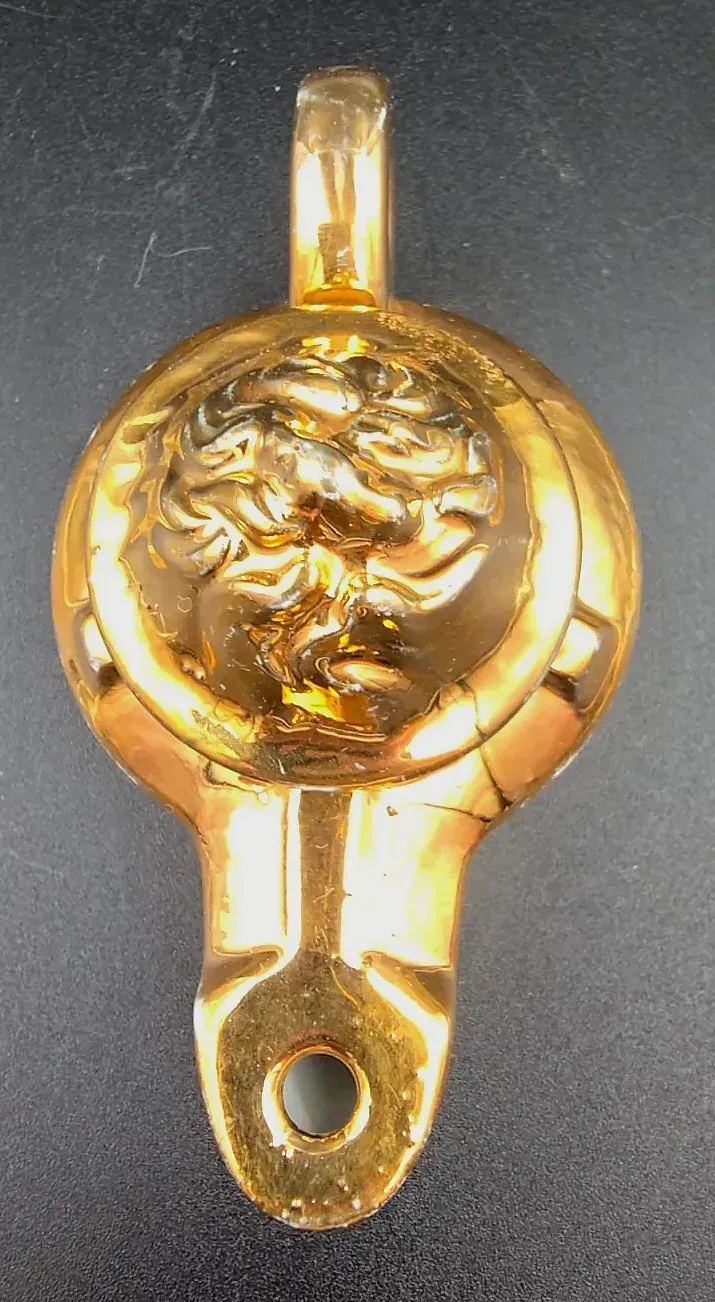 Antique 1920s Amor Skin Germany Gold Porcelain Genie Lamp Cosmetic Bottle — detail