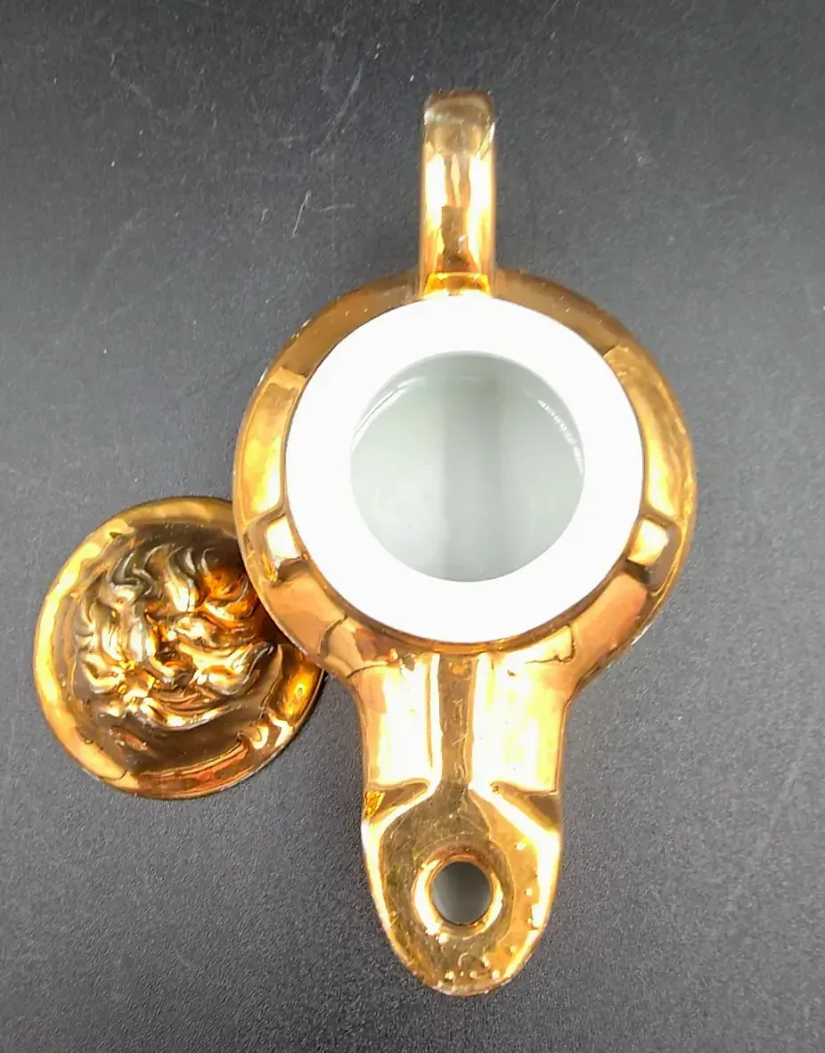 Antique 1920s Amor Skin Germany Gold Porcelain Genie Lamp Cosmetic Bottle — maker's mark
