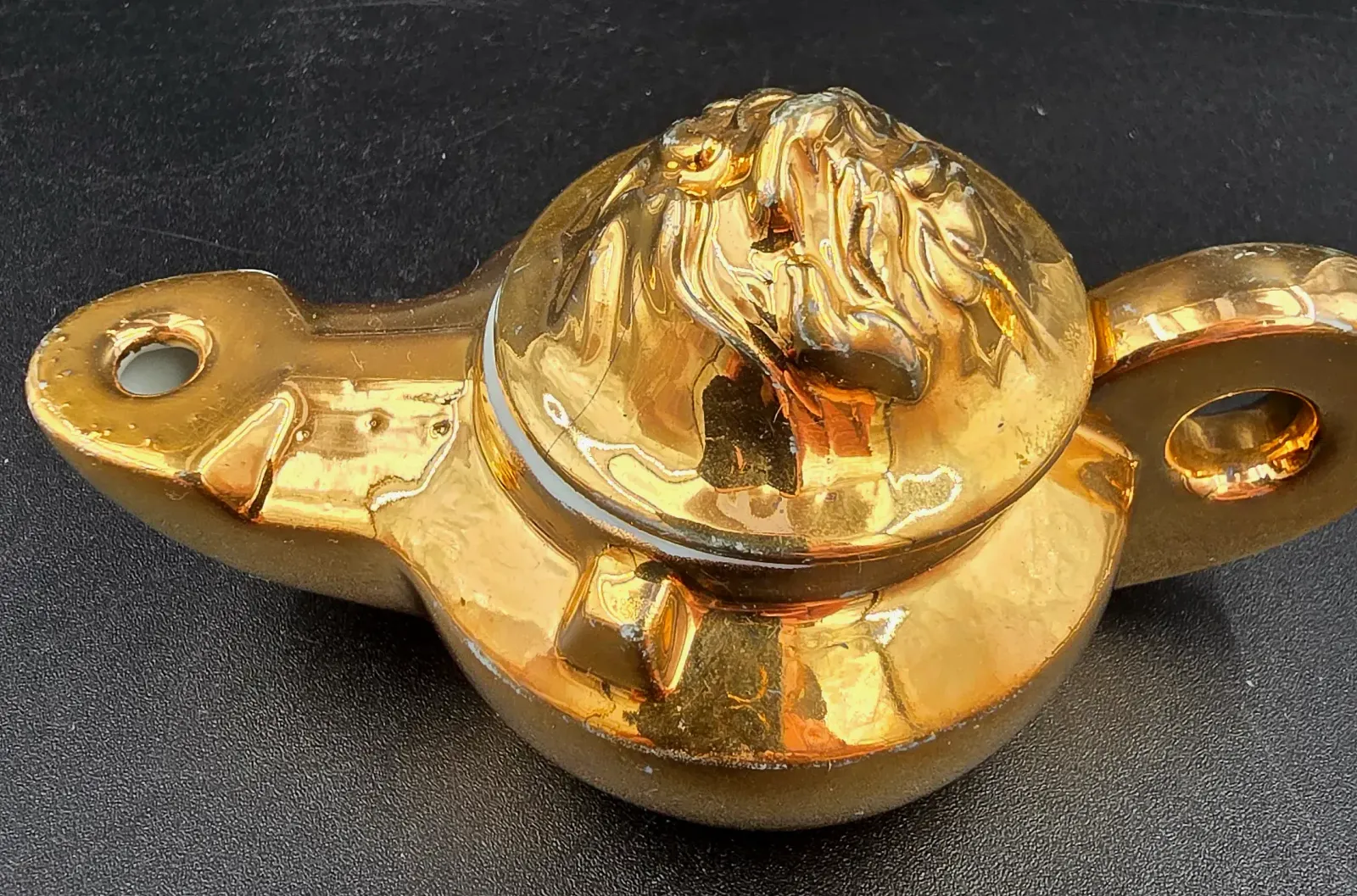 Antique 1920s Amor Skin Germany Gold Porcelain Genie Lamp Cosmetic Bottle — side view