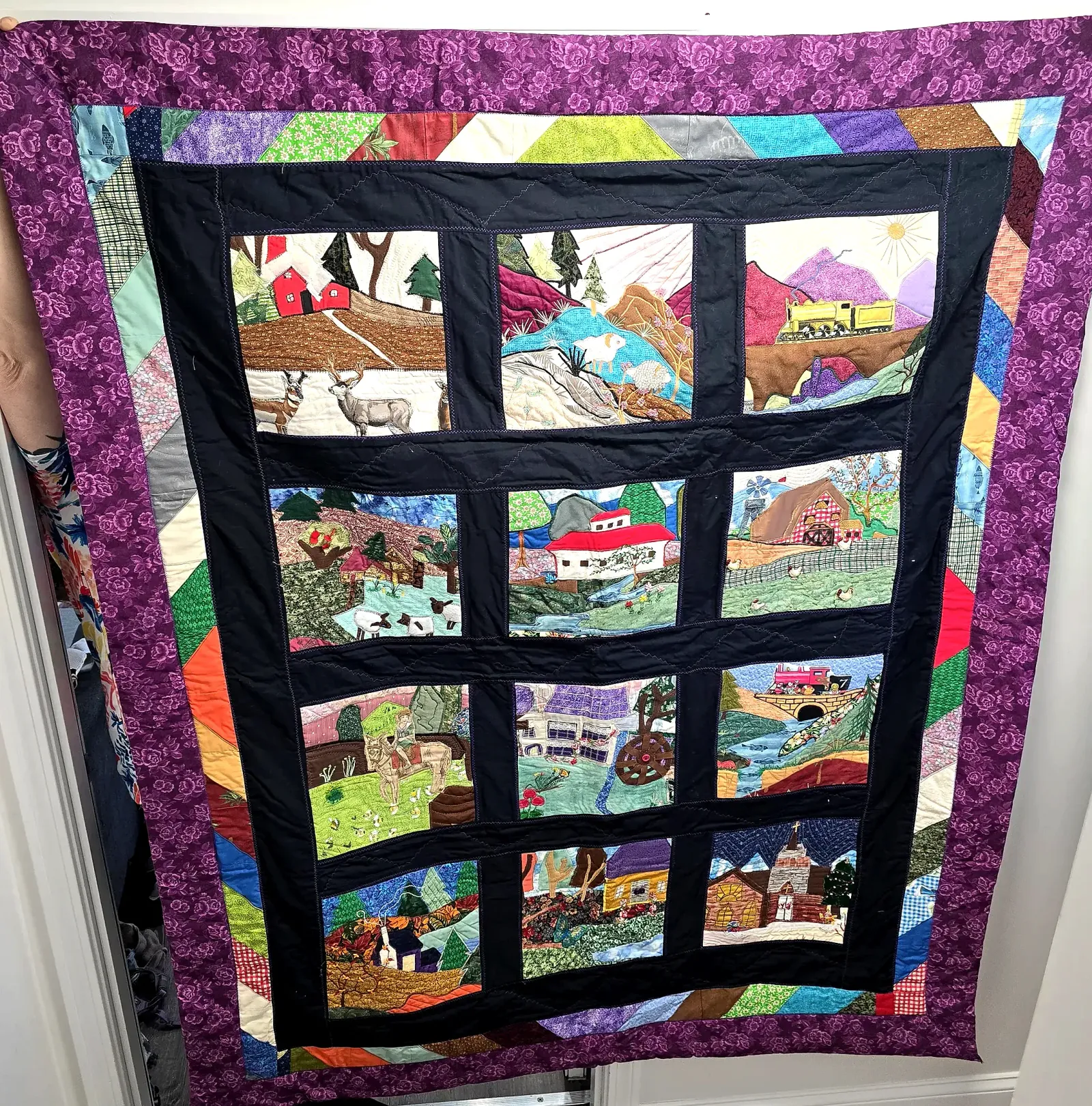 Handmade Pictorial Applique Art Quilt Folk Art Beaded Mixed Media Wall Hanging