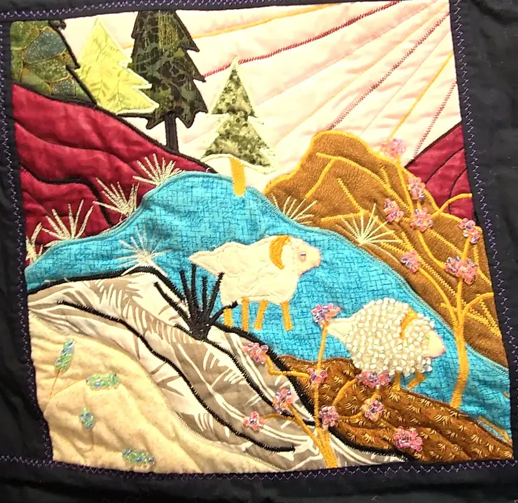 Handmade Pictorial Applique Art Quilt Folk Art Beaded Mixed Media Wall Hanging — detail