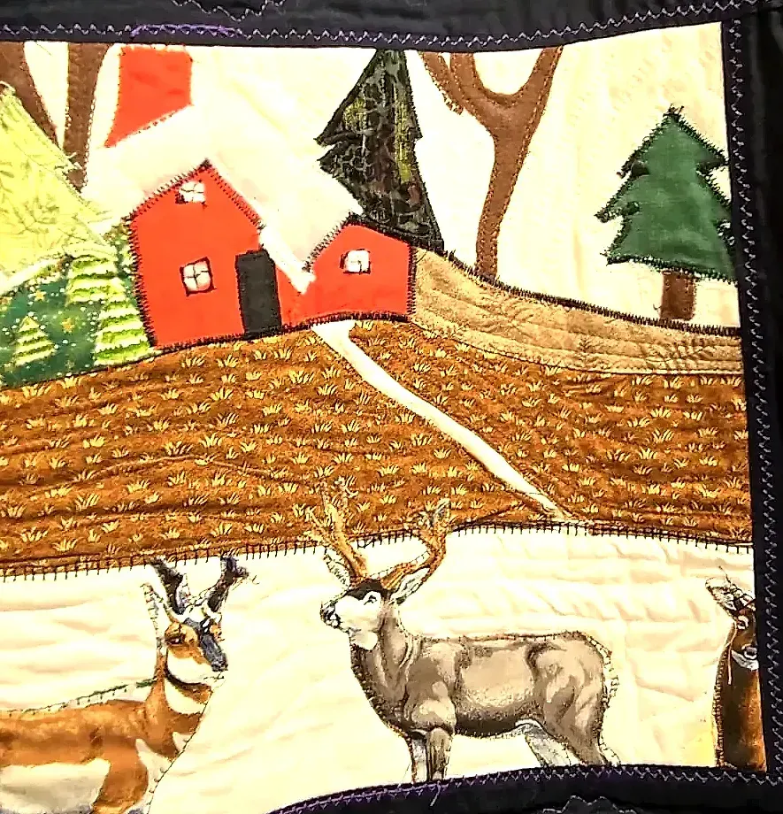 Handmade Pictorial Applique Art Quilt Folk Art Beaded Mixed Media Wall Hanging — side view
