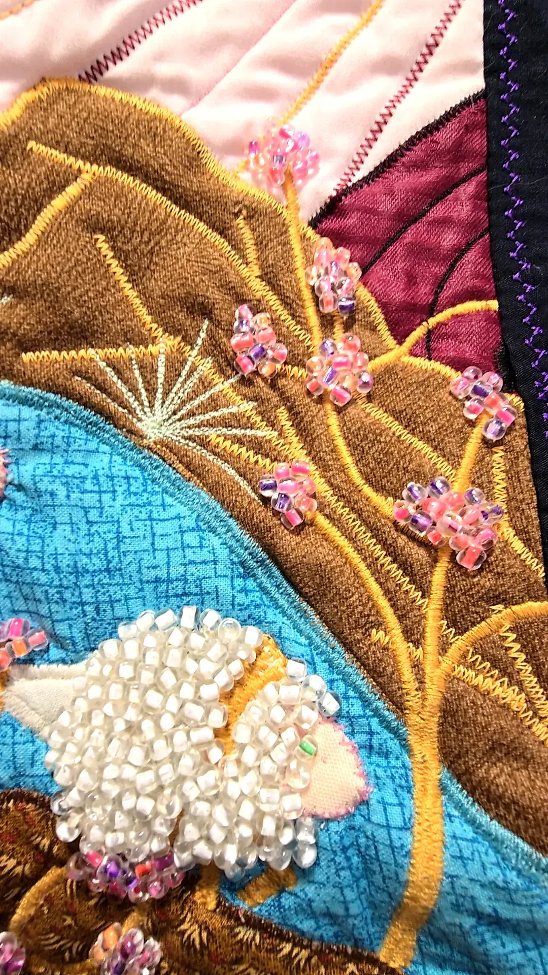 Handmade Pictorial Applique Art Quilt Folk Art Beaded Mixed Media Wall Hanging — maker's mark
