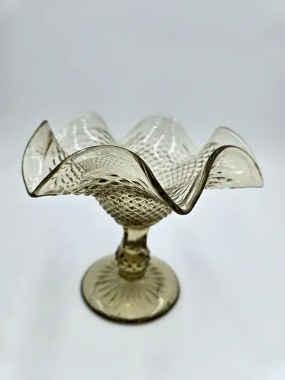 Vintage Indiana Glass Amber Diamond Point Ruffled Pedestal Compote Candy Bowl