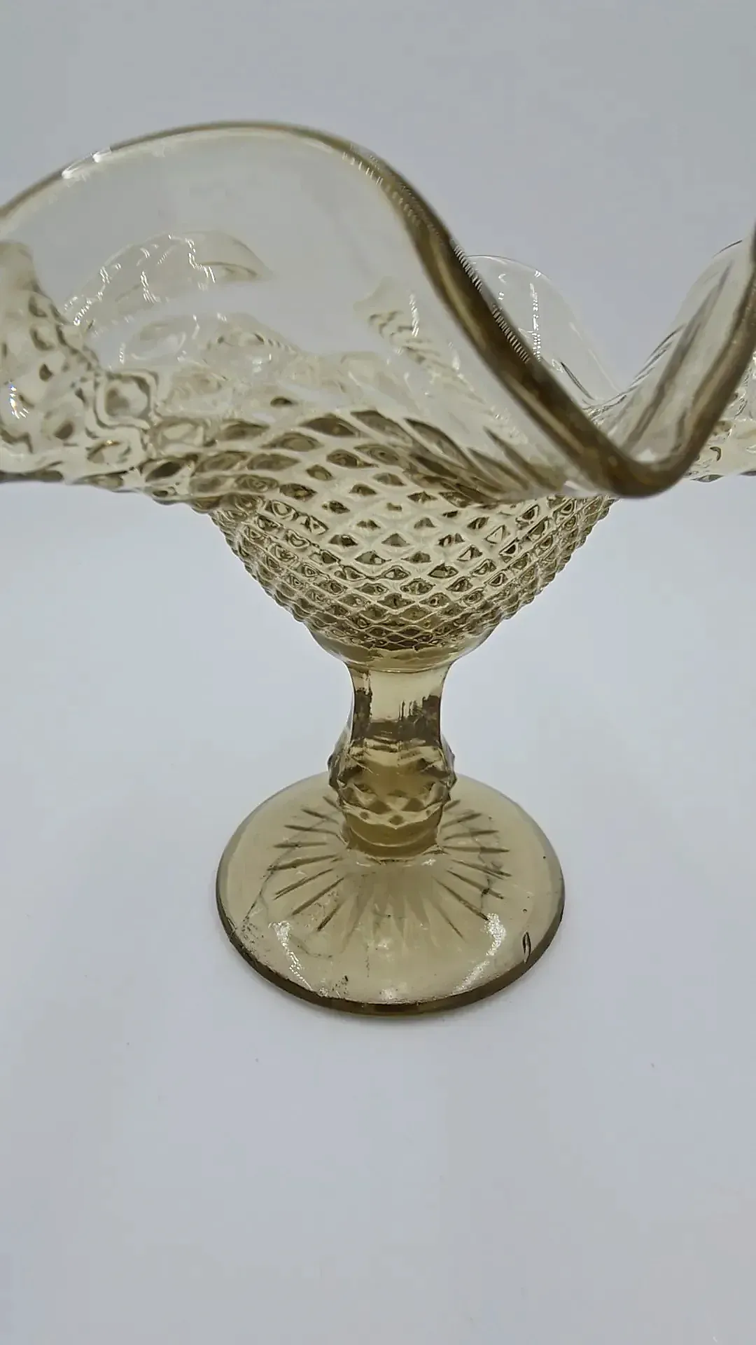 Vintage Indiana Glass Amber Diamond Point Ruffled Pedestal Compote Candy Bowl — detail