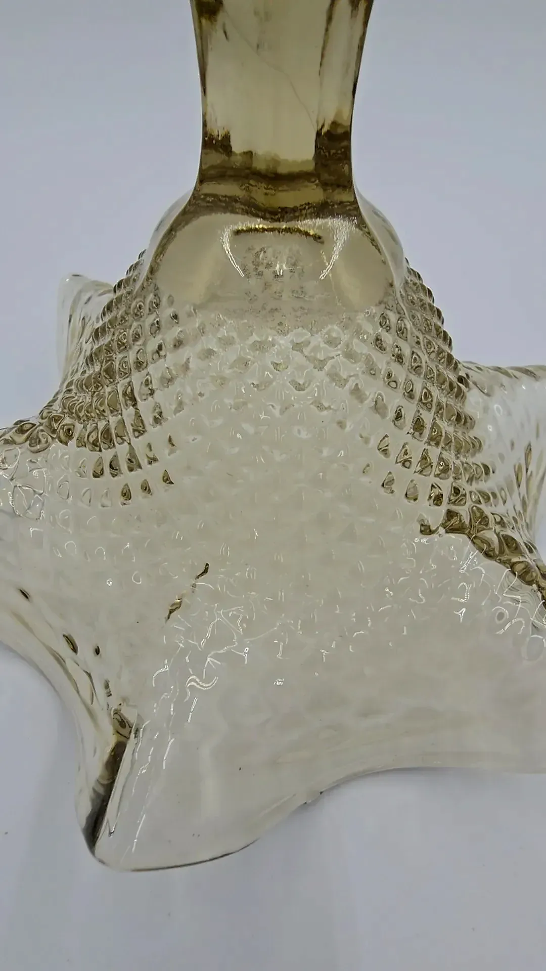 Vintage Indiana Glass Amber Diamond Point Ruffled Pedestal Compote Candy Bowl — underside