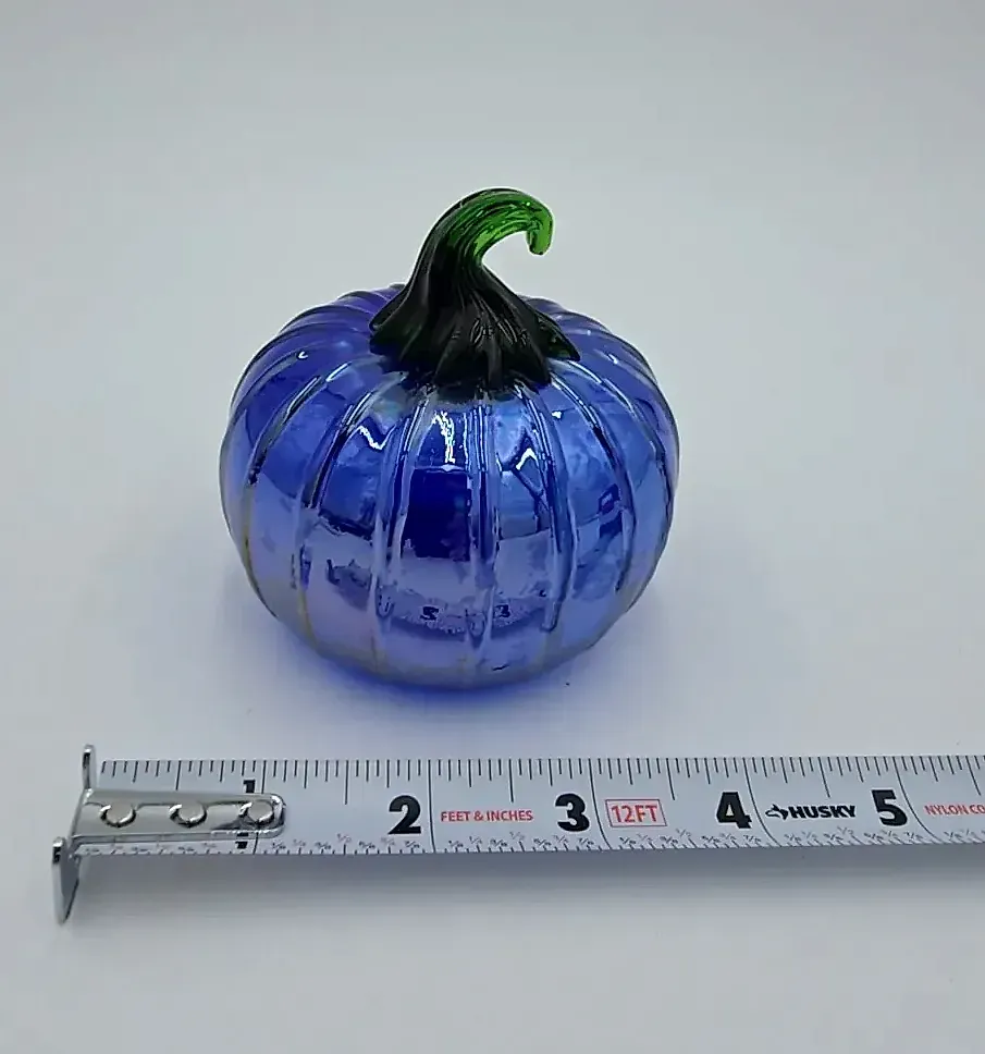 Hand Blown Blue Art Glass Pumpkin Cobalt Blue Green Stem Fall Halloween Decor