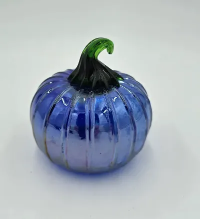 Hand Blown Blue Art Glass Pumpkin Cobalt Blue Green Stem Fall Halloween Decor