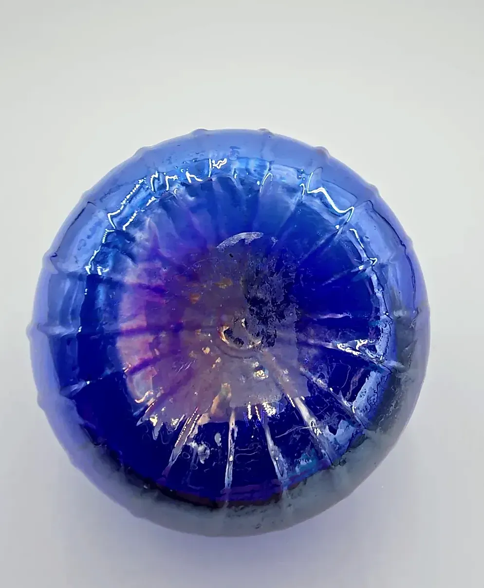 Hand Blown Blue Art Glass Pumpkin Cobalt Blue Green Stem Fall Halloween Decor