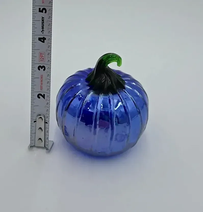 Hand Blown Blue Art Glass Pumpkin Cobalt Blue Green Stem Fall Halloween Decor