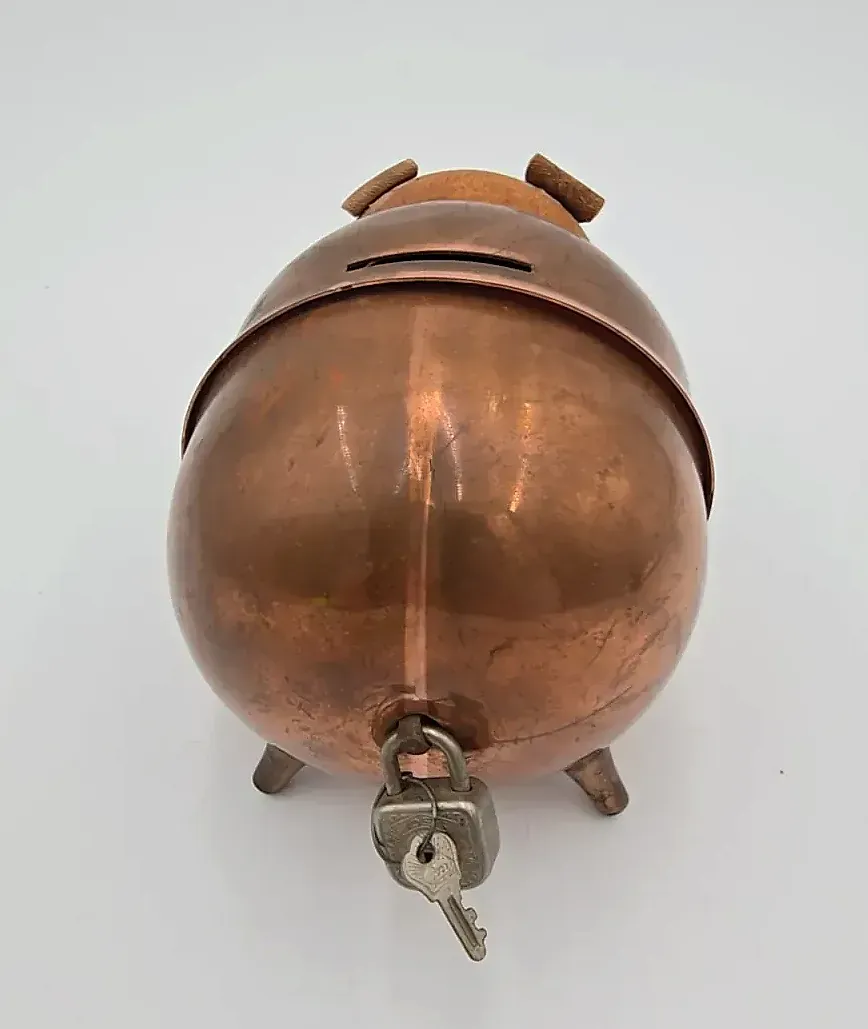 Vintage Handmade Copper Piggy Bank w/ Key Lock Wood Head Folk Art Coin Bank