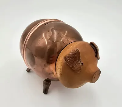 Vintage Handmade Copper Piggy Bank w/ Key Lock Wood Head Folk Art Coin Bank