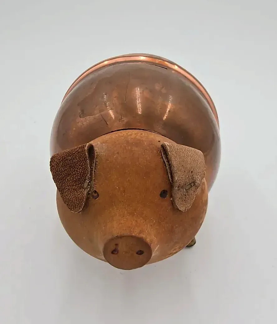 Vintage Handmade Copper Piggy Bank w/ Key Lock Wood Head Folk Art Coin Bank