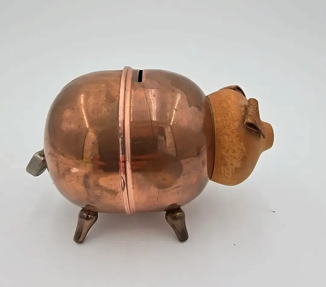 Vintage Handmade Copper Piggy Bank w/ Key Lock Wood Head Folk Art Coin Bank