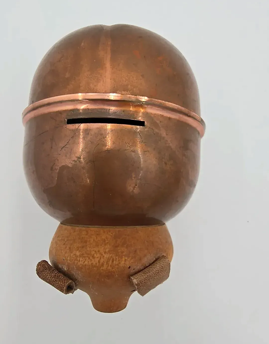 Vintage Handmade Copper Piggy Bank w/ Key Lock Wood Head Folk Art Coin Bank