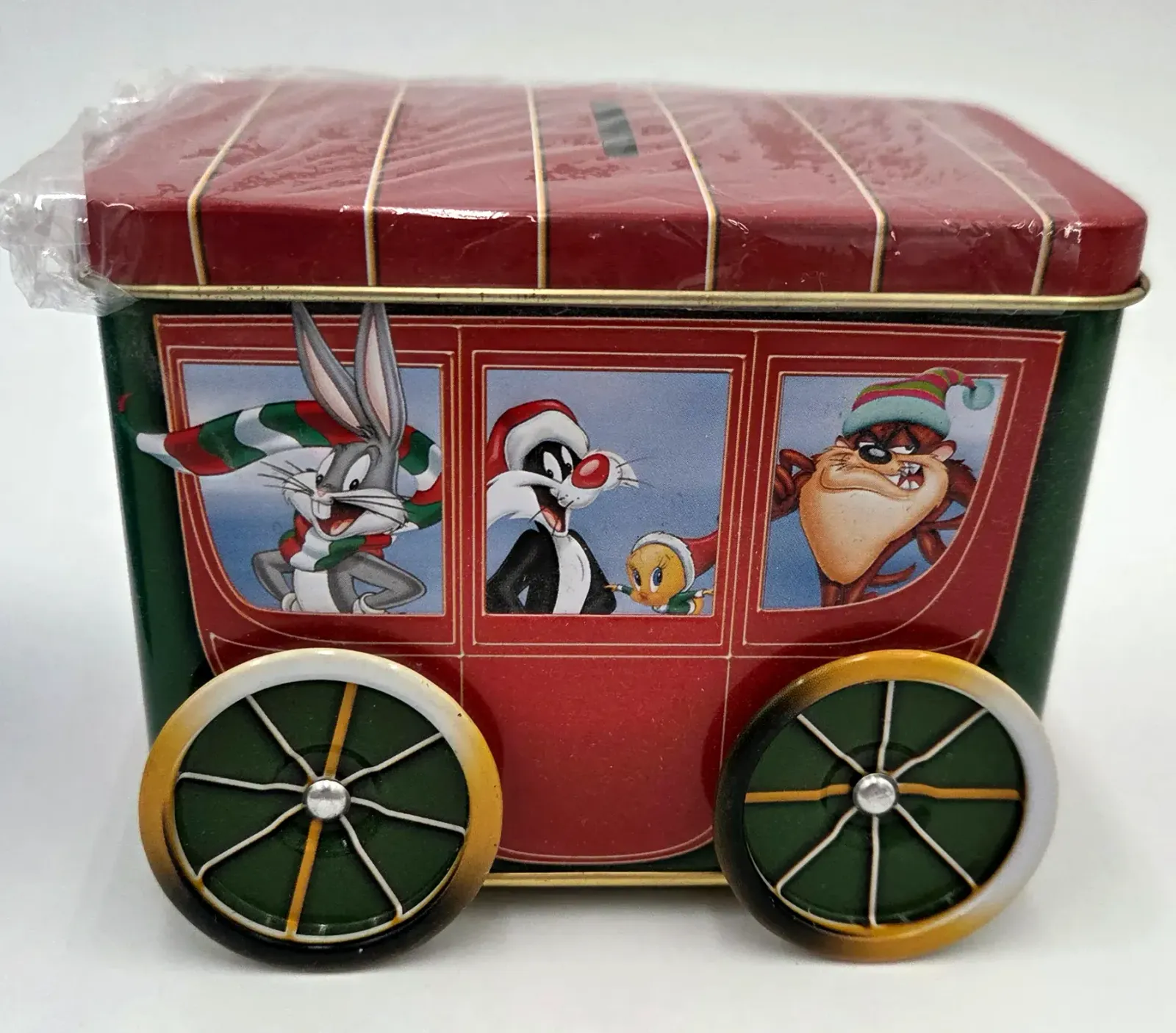 Looney Tunes Holiday Stagecoach Coin Bank Money Box Tin Bugs Bunny Taz w/ Box — underside