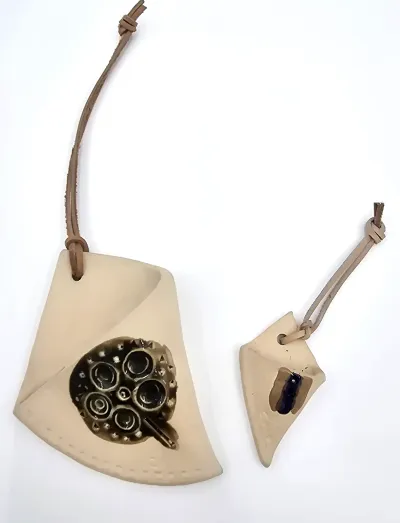 Vintage Chibi Studio Pottery Wall Pocket Pair – Handmade Stoneware Wall Vases with Original Leather Hangers.