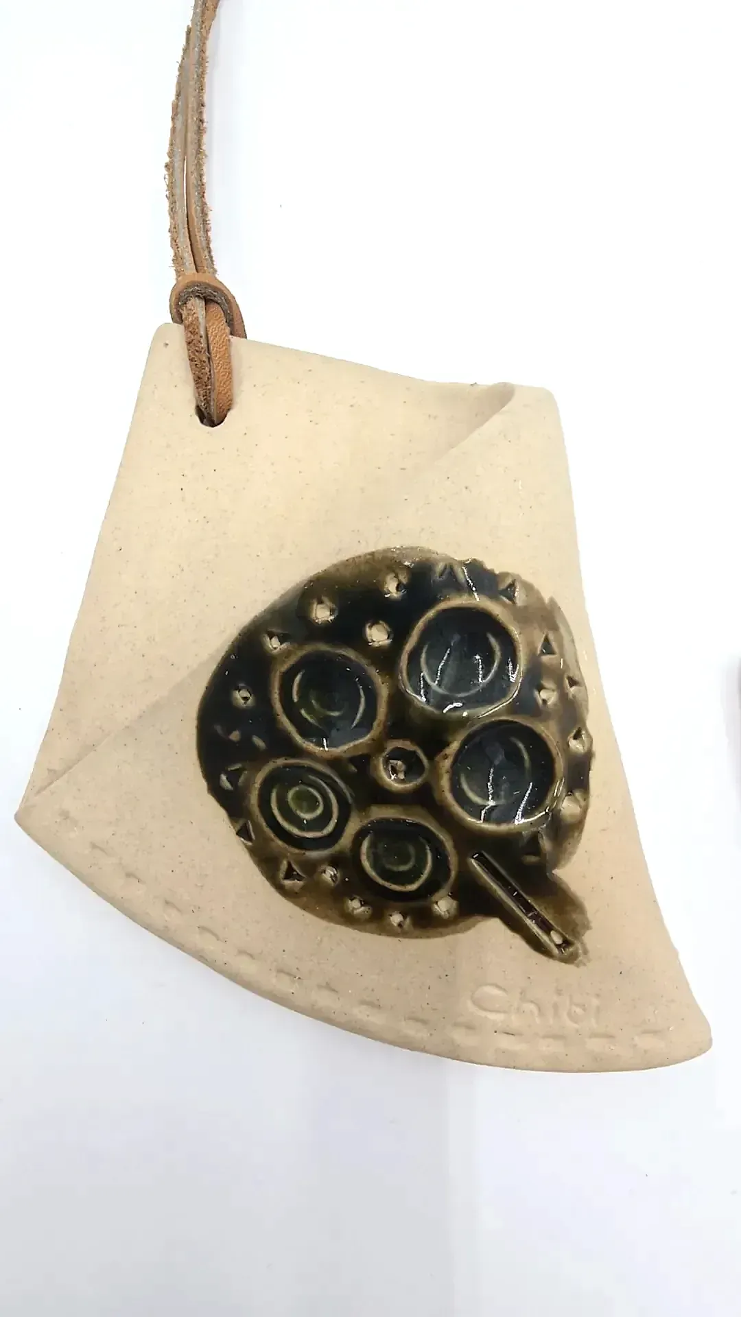 Vintage Chibi Studio Pottery Wall Pocket Pair – Handmade Stoneware Wall Vases with Original Leather Hangers.