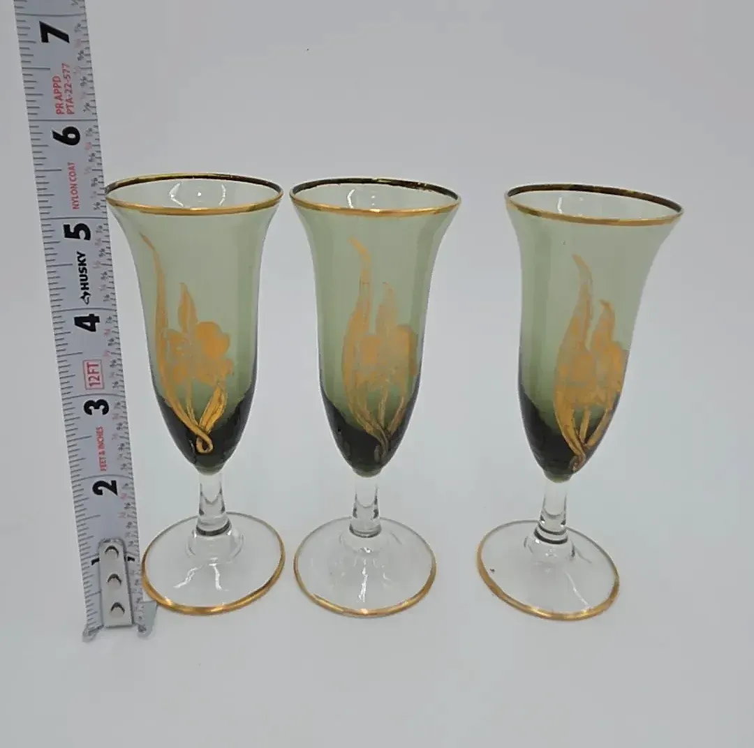 Vintage Set of 3 Hand Painted Frosted Green & Gold Cordial Glasses Floral Stemware
