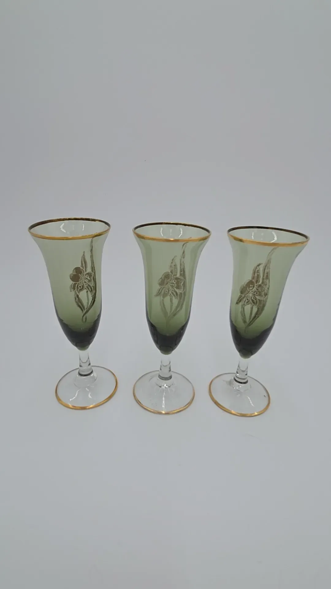 Vintage Set of 3 Hand Painted Frosted Green & Gold Cordial Glasses Floral Stemware