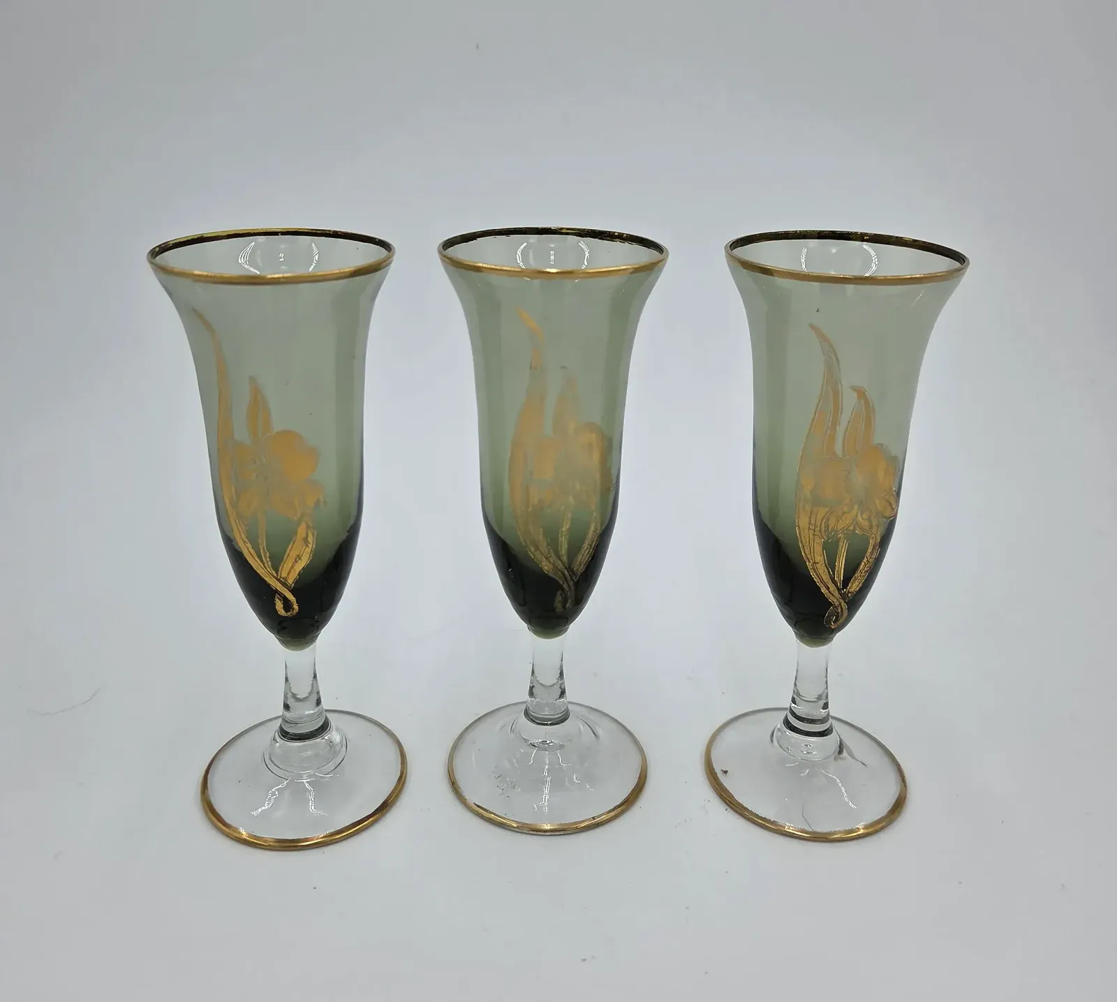 Vintage Set of 3 Hand Painted Frosted Green & Gold Cordial Glasses Floral Stemware