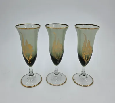 Vintage Set of 3 Hand Painted Frosted Green & Gold Cordial Glasses Floral Stemware