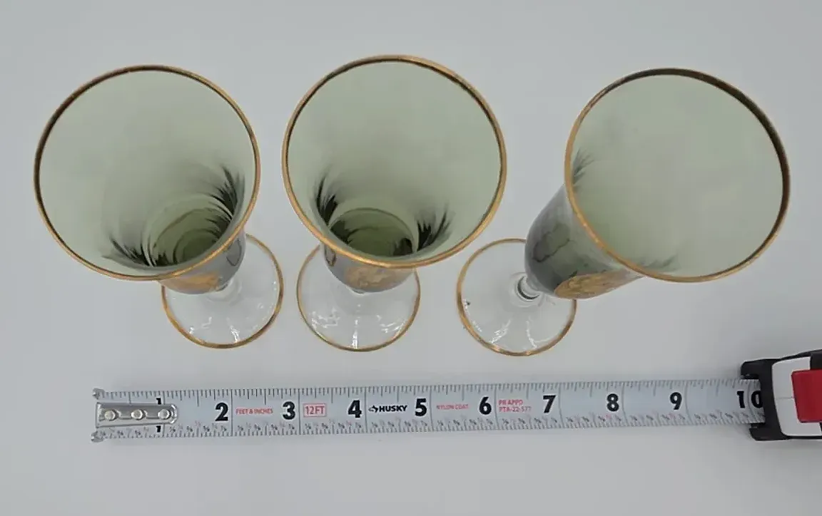 Vintage Set of 3 Hand Painted Frosted Green & Gold Cordial Glasses Floral Stemware