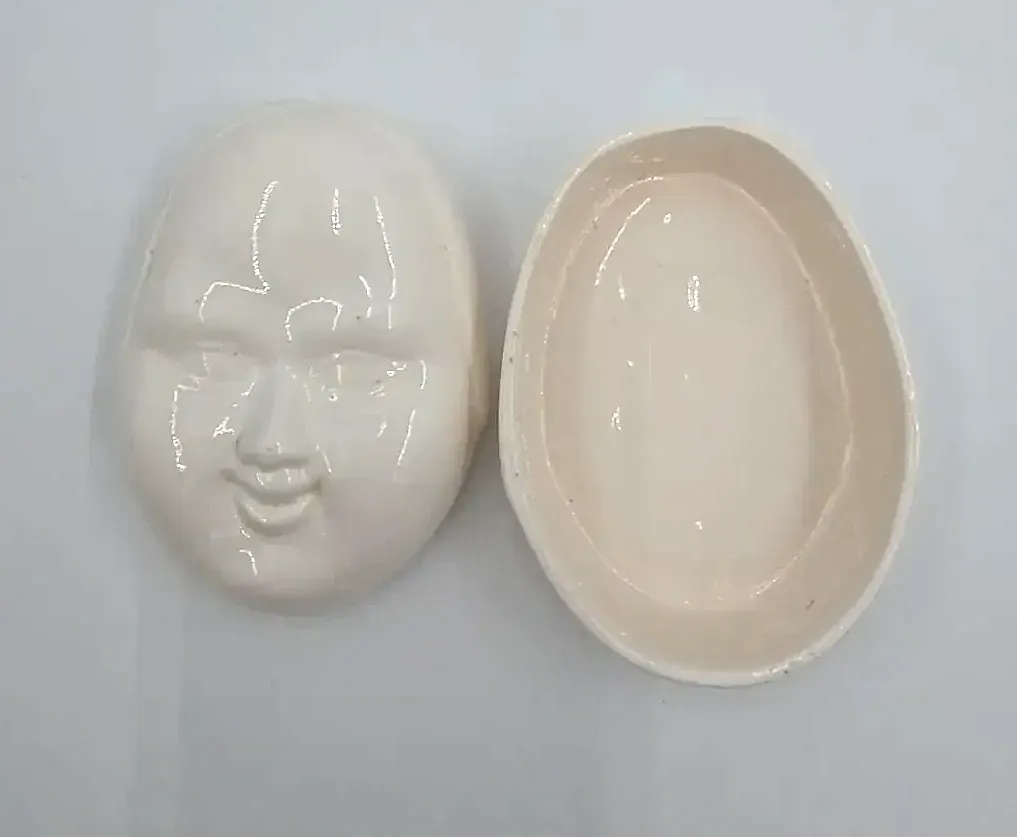 Vintage White Porcelain Japanese Noh Mask Lidded Trinket Box Ko-Omote Face — side view