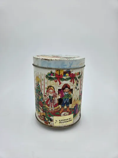 Vintage Working Musical Christmas Tin Canister Holiday Cookie Candy Storage Box