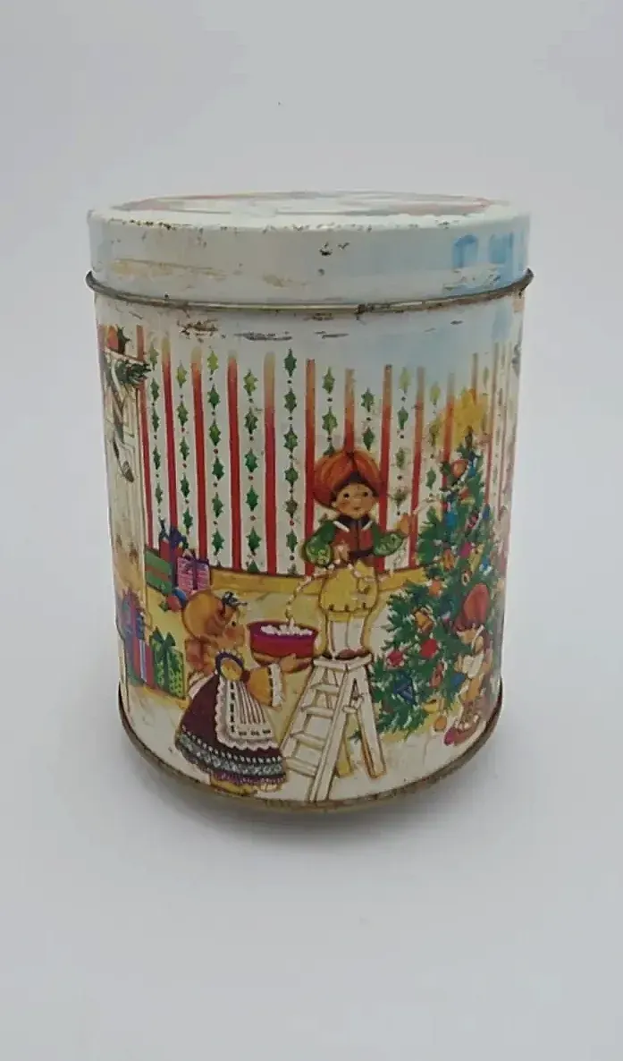 Vintage Working Musical Christmas Tin Canister Holiday Cookie Candy Storage Box