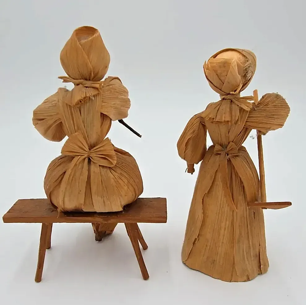 Vintage Handmade Corn Husk Dolls Pair Folk Art Country Farm