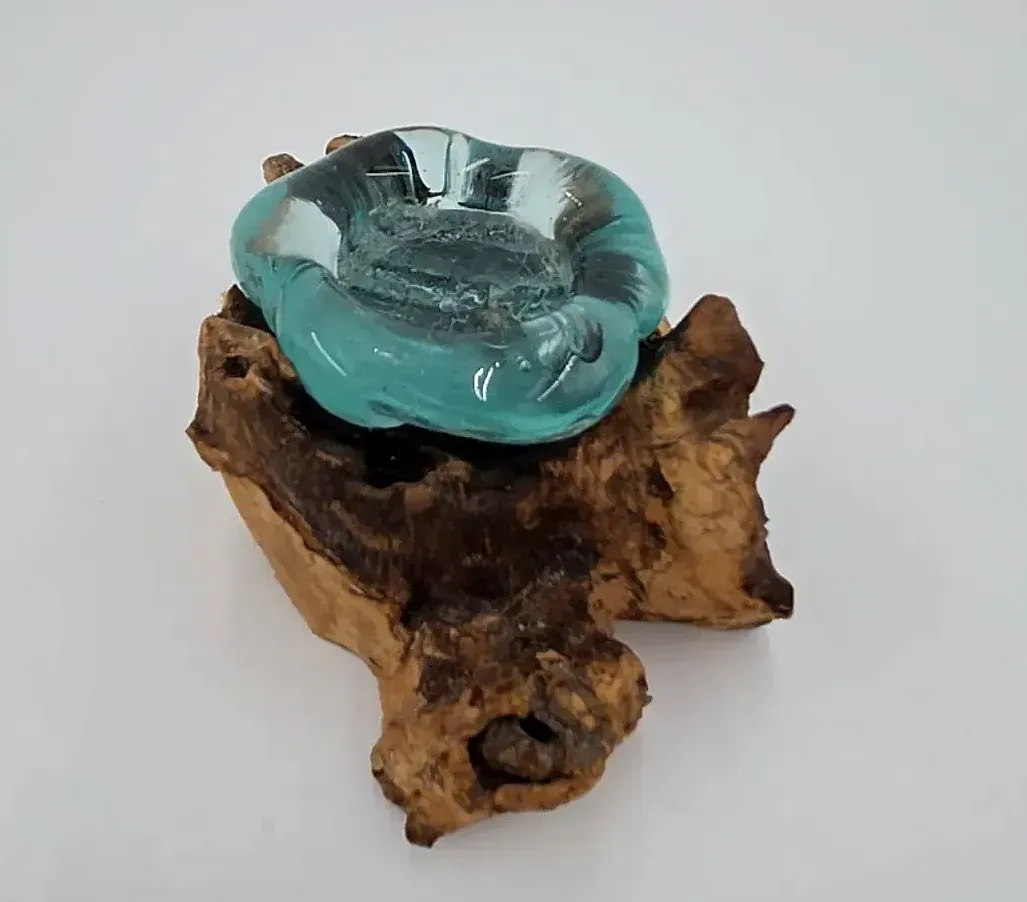 Hand Blown Aqua Glass Tealight Candle Holder on Natural Burl Wood Rustic Decor
