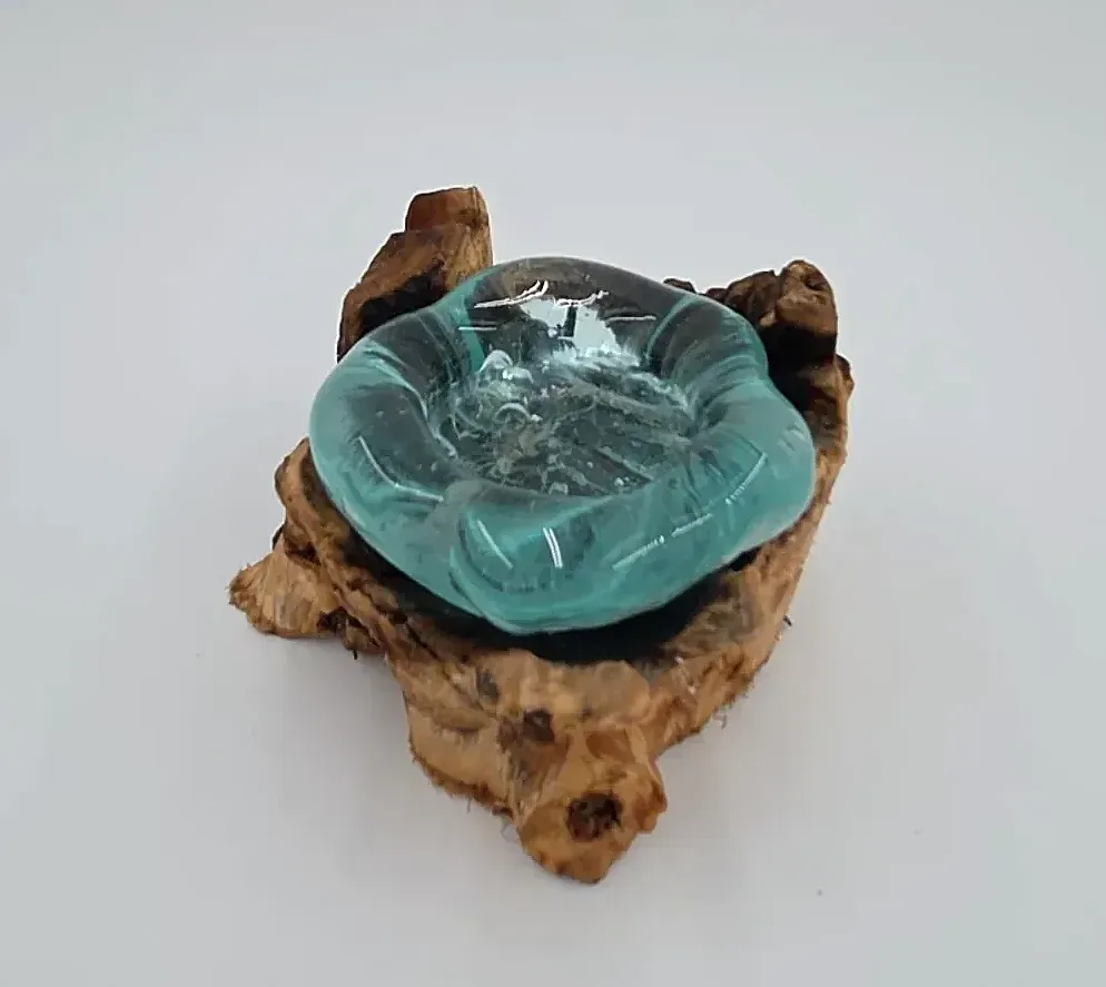 Hand Blown Aqua Glass Tealight Candle Holder on Natural Burl Wood Rustic Decor