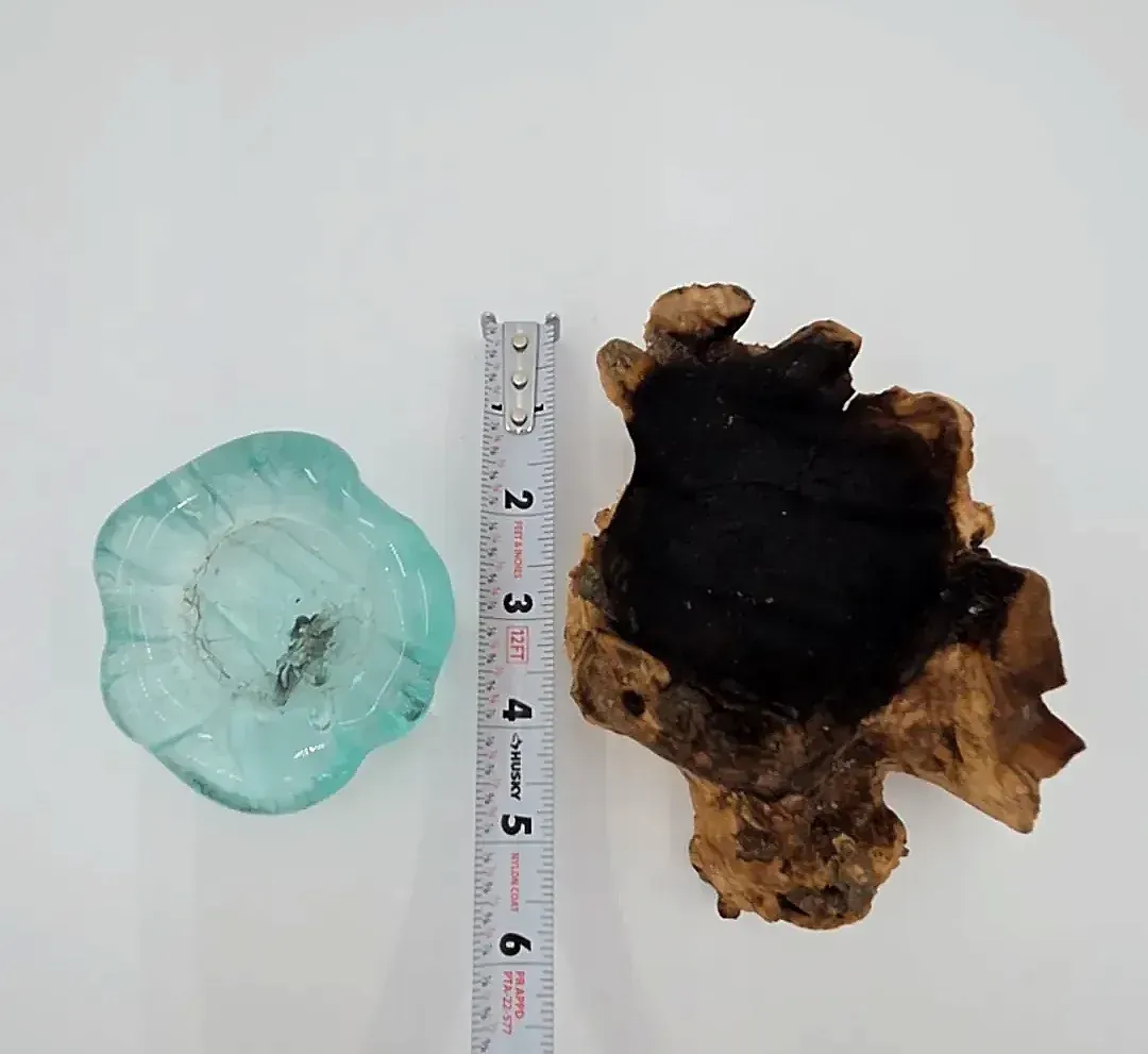 Hand Blown Aqua Glass Tealight Candle Holder on Natural Burl Wood Rustic Decor