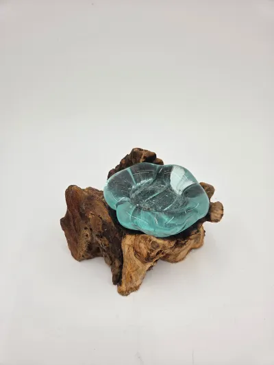 Hand Blown Aqua Glass Tealight Candle Holder on Natural Burl Wood Rustic Decor