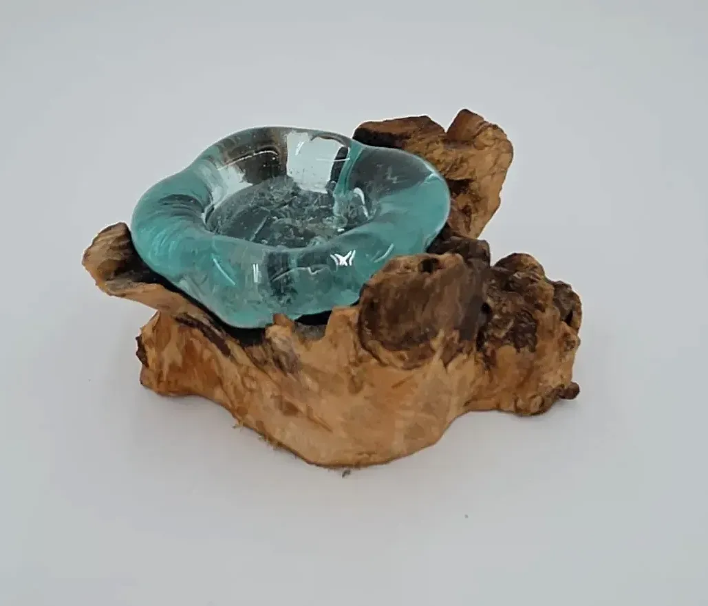 Hand Blown Aqua Glass Tealight Candle Holder on Natural Burl Wood Rustic Decor