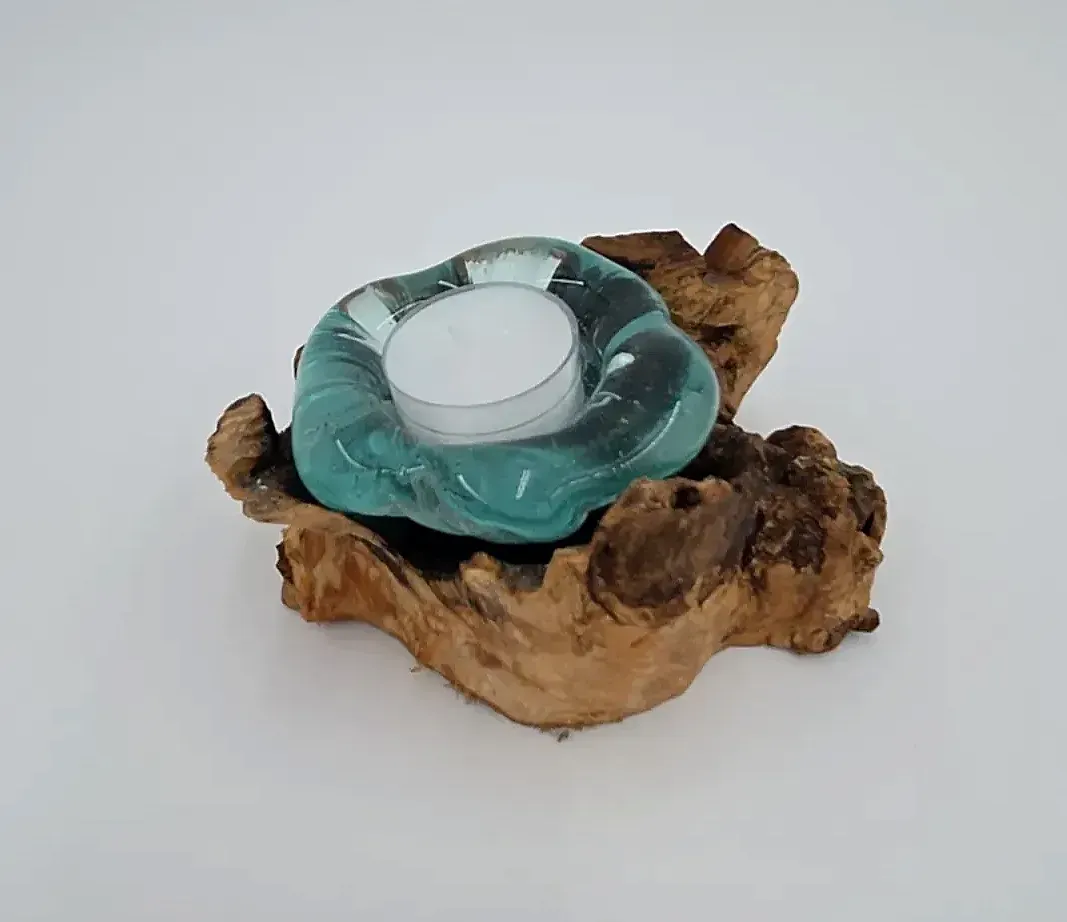 Handmade Bali Molten Glass on Wood Candle Holder Root Driftwood Ashtray Bowl